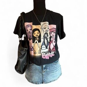 Bratz Graphic Tee in Black with Pastel Cartoon Print, Size XS